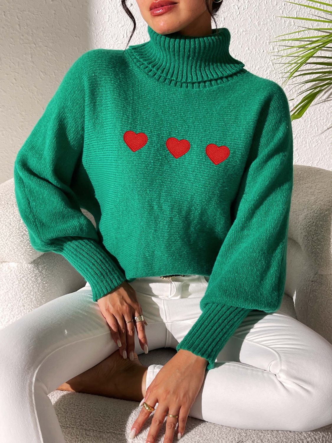 Heart Turtleneck Long Sleeve Sweater-Comfortable
