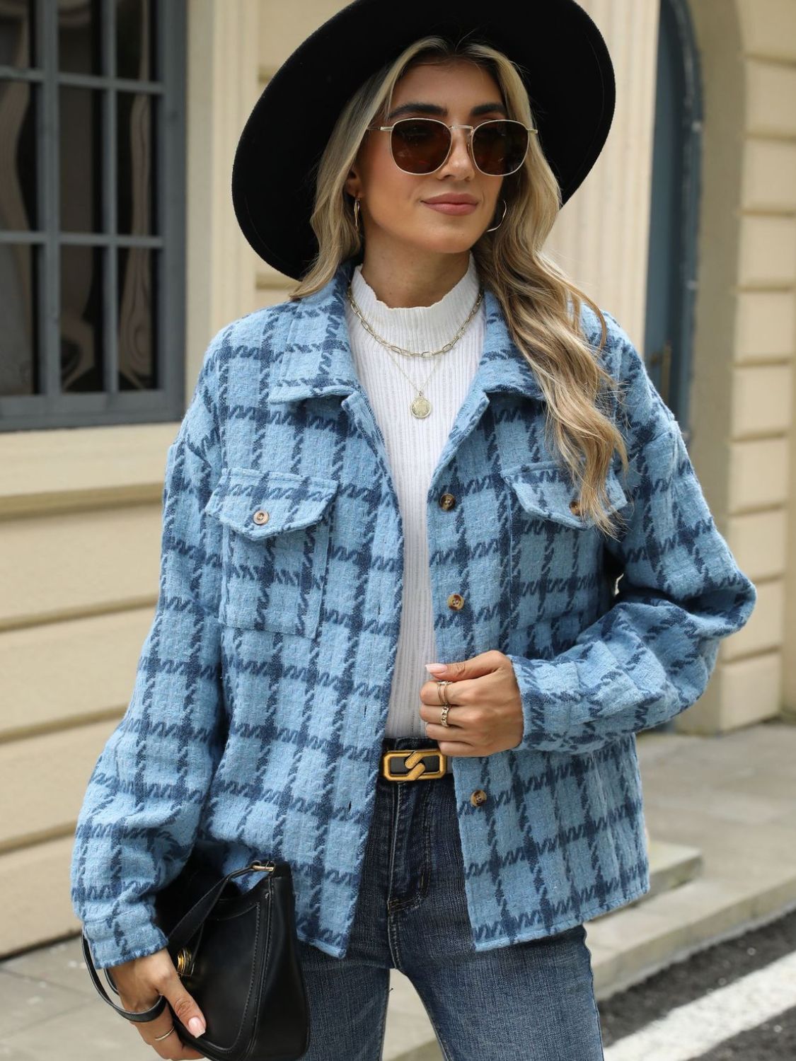 Plaid Collared Neck Long Sleeve Jacket Fashionabl