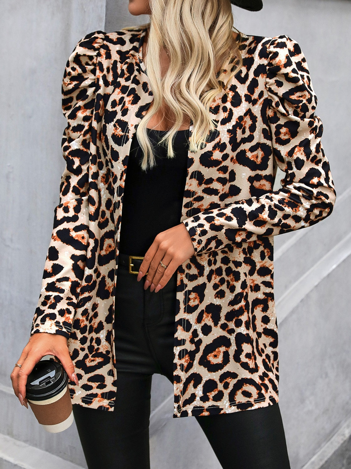 Leopard Open Front Puff Sleeve Jacket-Stylish