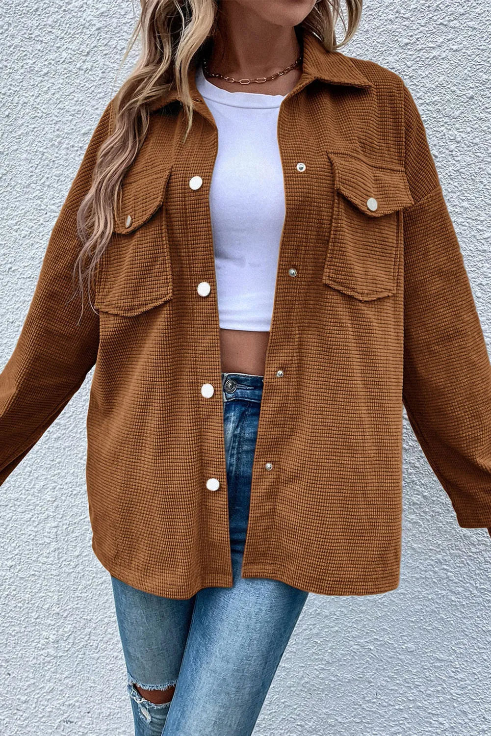 Pocketed Snap Down Long Sleeve Jacket-Comfortable