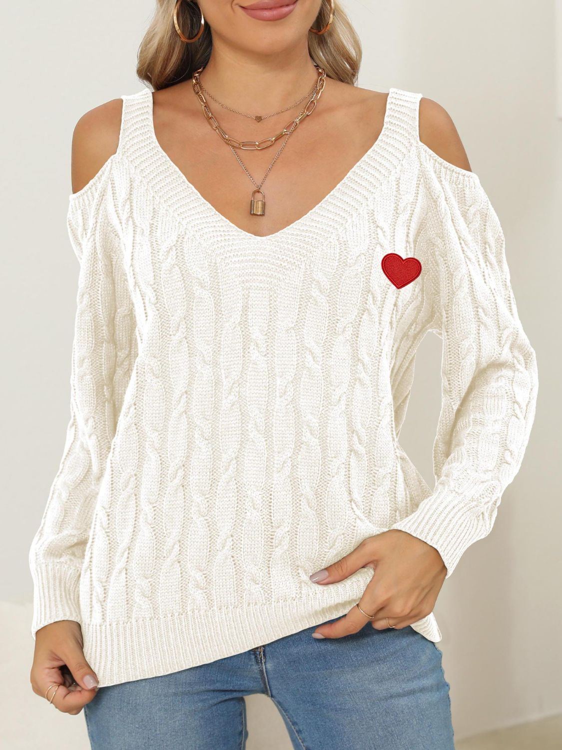 Cable-Knit Heart V-Neck Sweater-Comfortable