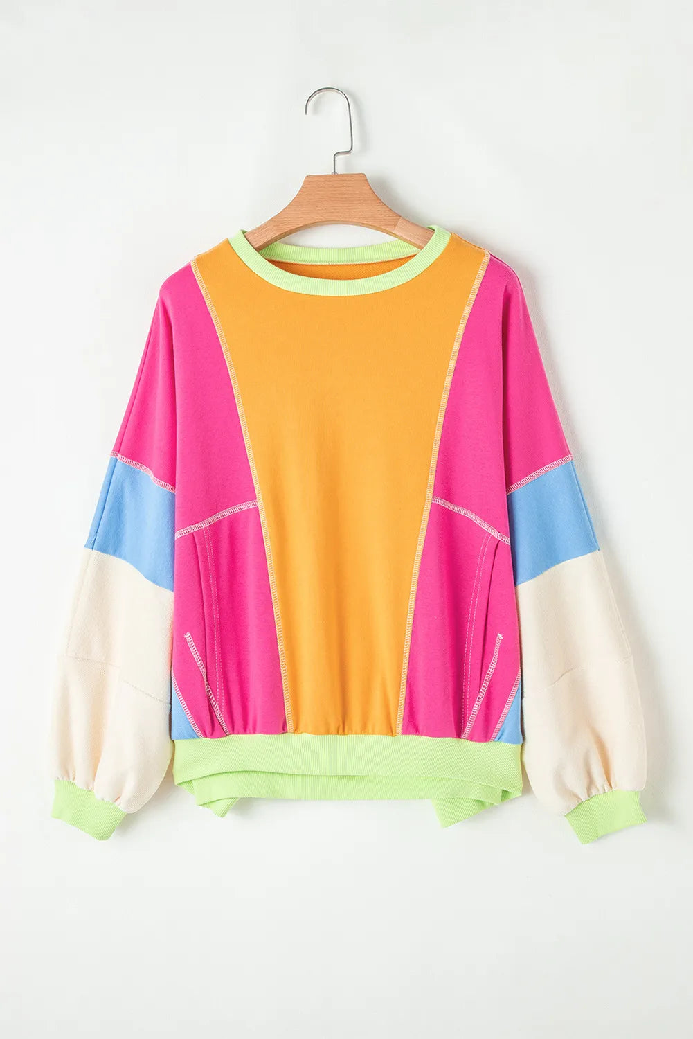 Color Block Round Neck Long Sleeve Top Trendy