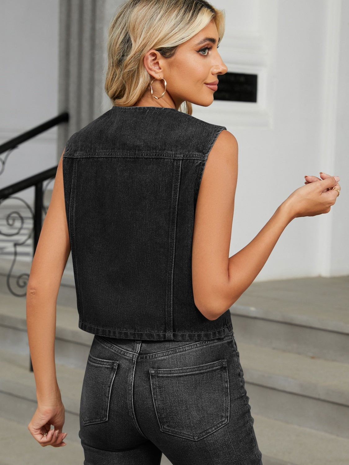V-Neck Button Down Denim Vest-Casual-Fashion