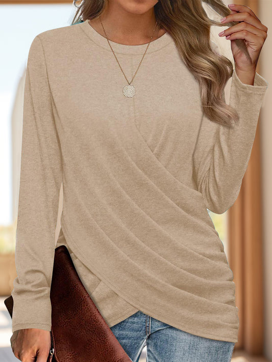 Runched Round Neck Long Sleeve T-Shirt Trendy