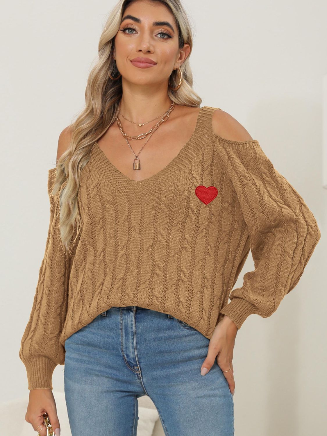Cable-Knit Heart V-Neck Sweater-Comfortable