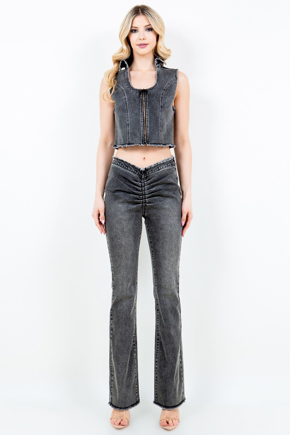American Bazi V-Cut Ruched Flare Pants-Fashionable