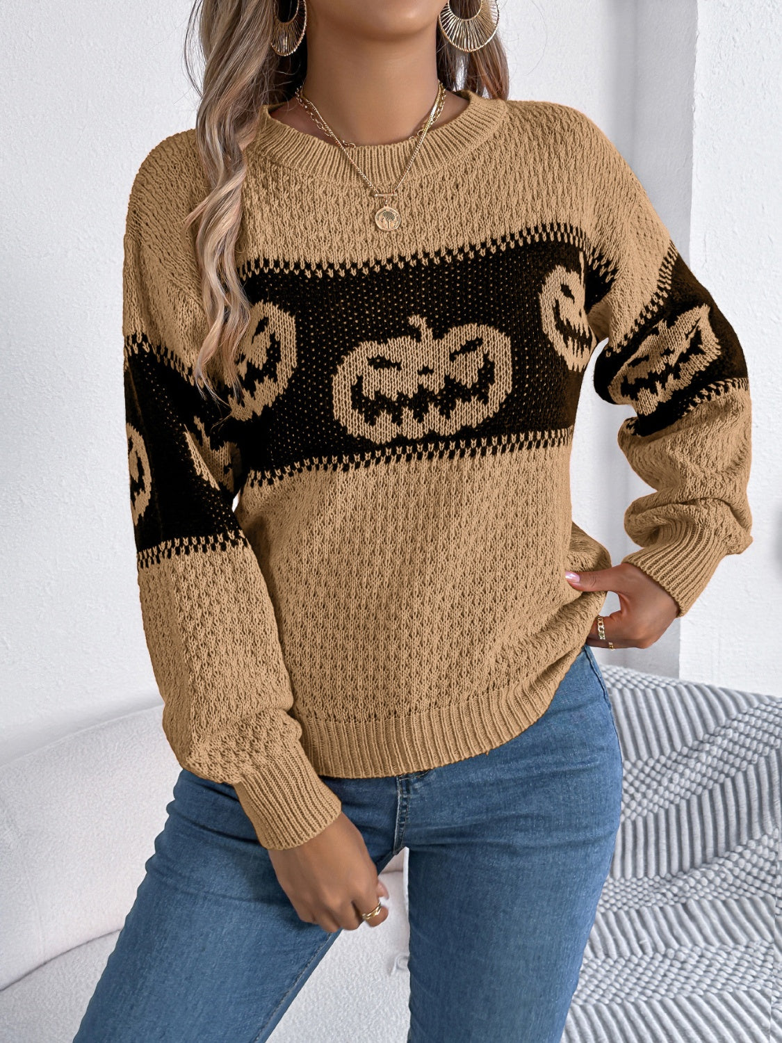 Pumpkin Round Neck- Long Sleeve -  Sweater