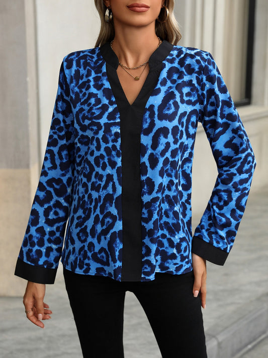 Leopard Notched Long Sleeve Blouse-Stylish