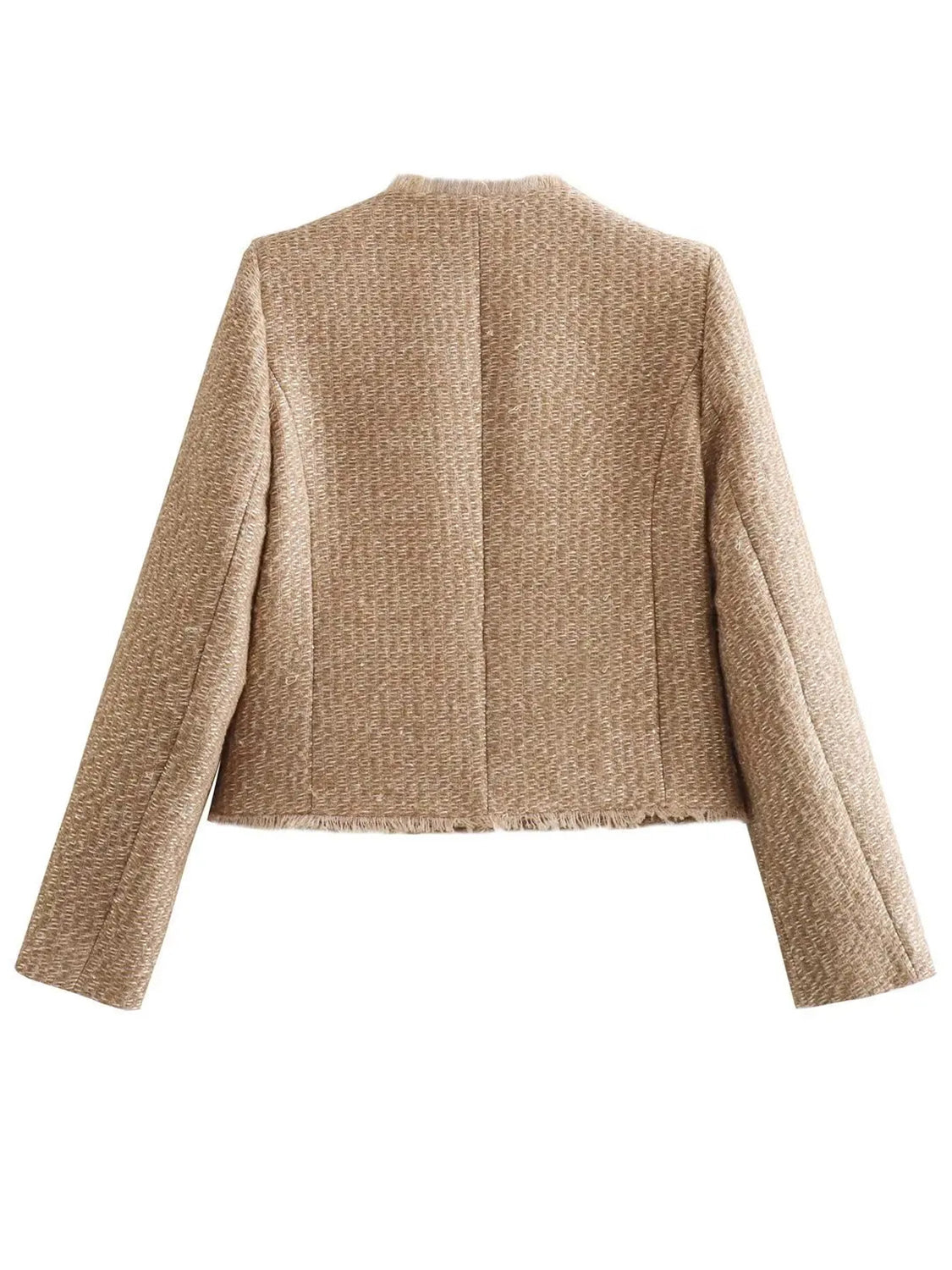 Raw Hem Pocketed Round Neck Jacket Stylish
