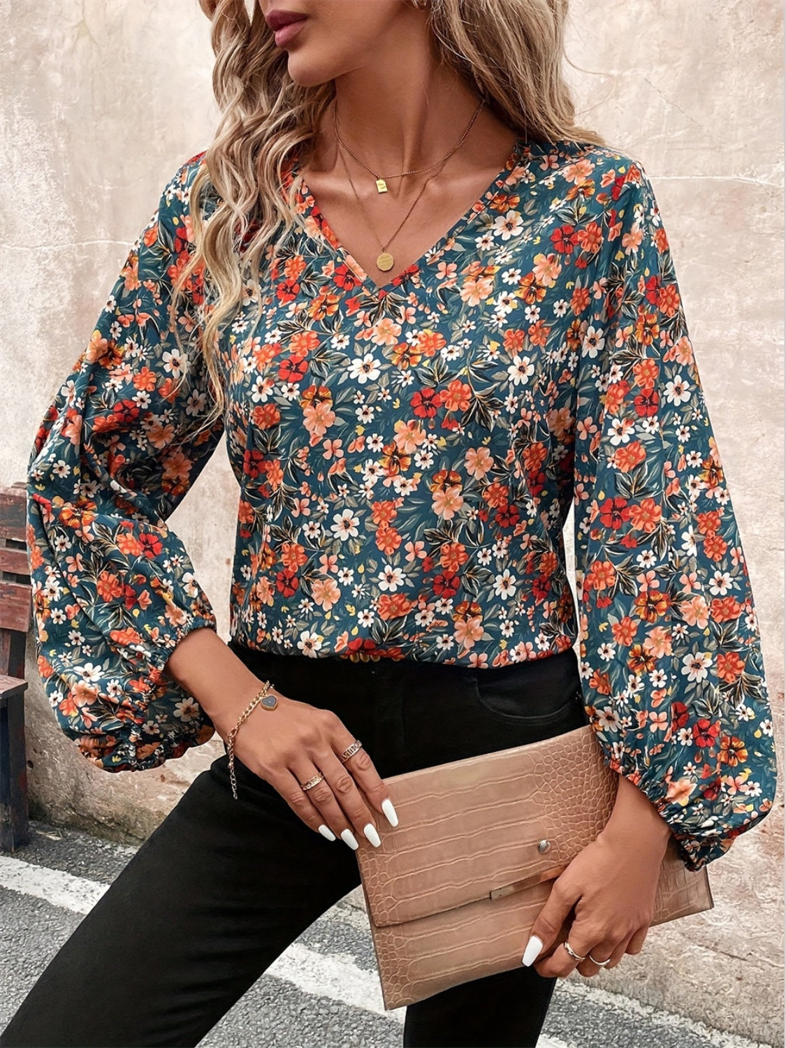 Printed V-Neck Balloon Sleeve Blouse Colorful