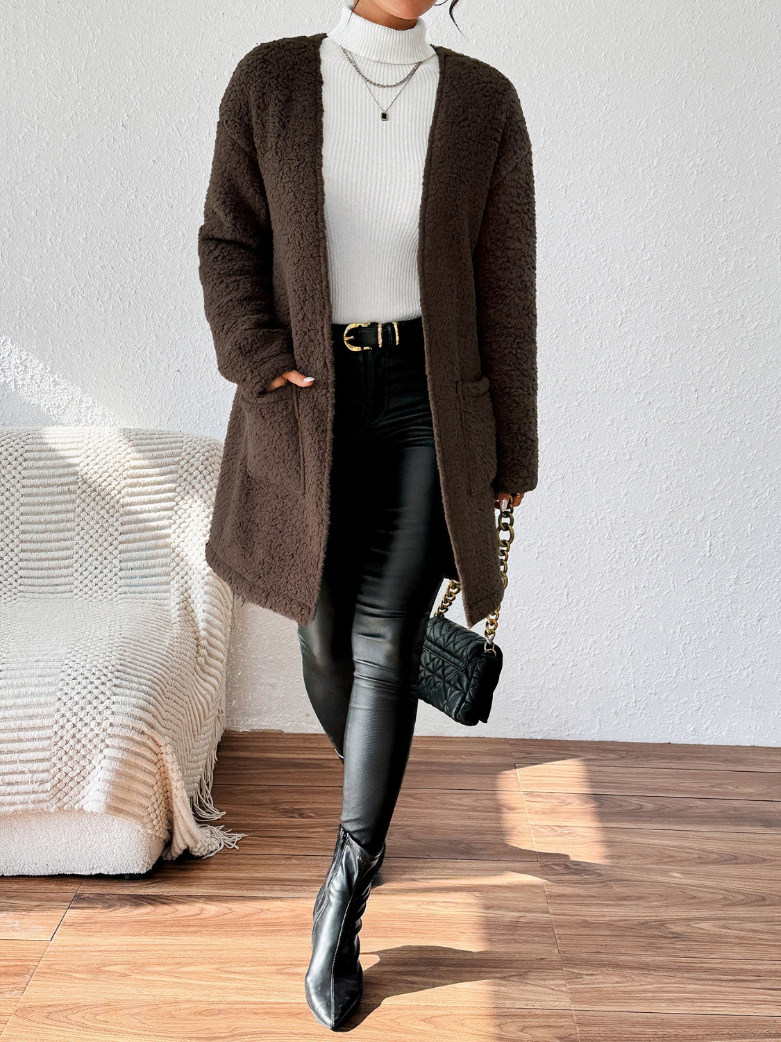 Open Front Long Sleeve Winter Coat-Fashionable