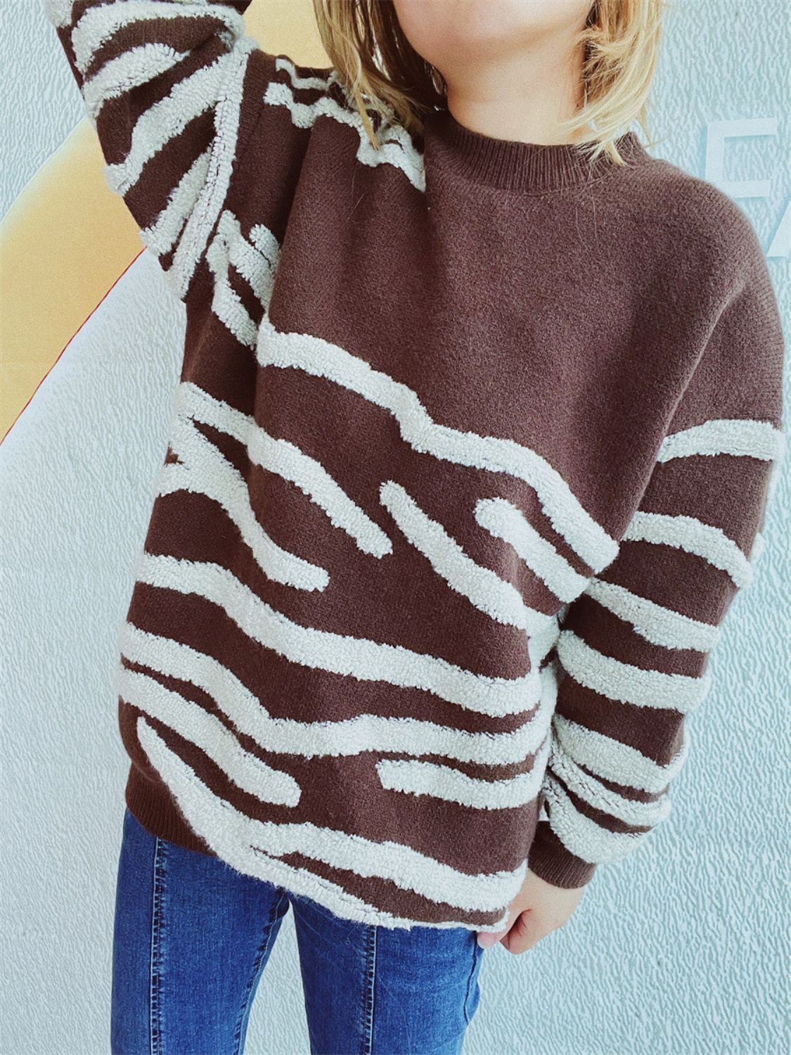 Contrast Round Neck Long Sleeve Sweater Stylish