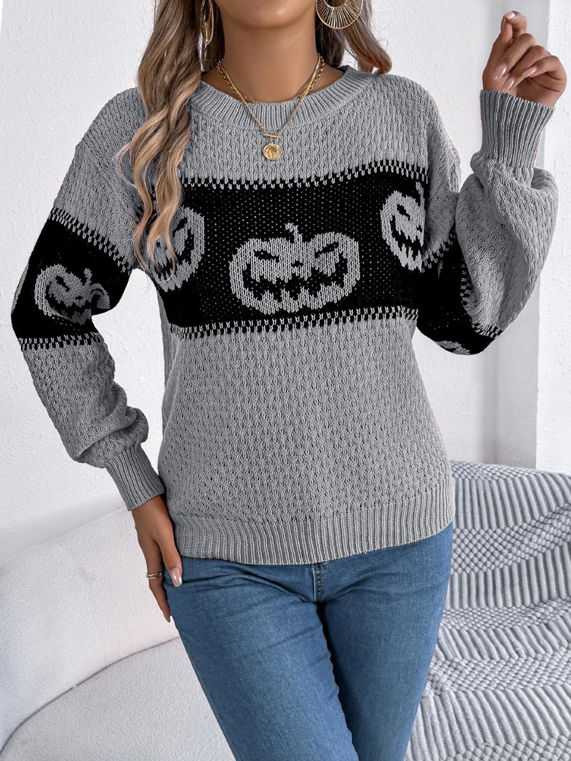 Pumpkin Round Neck- Long Sleeve -  Sweater