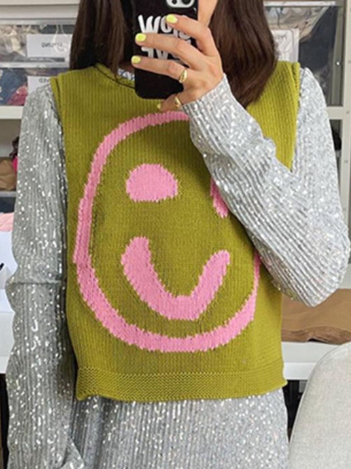 Smiley Round Neck Sweater Vest-Comfortable