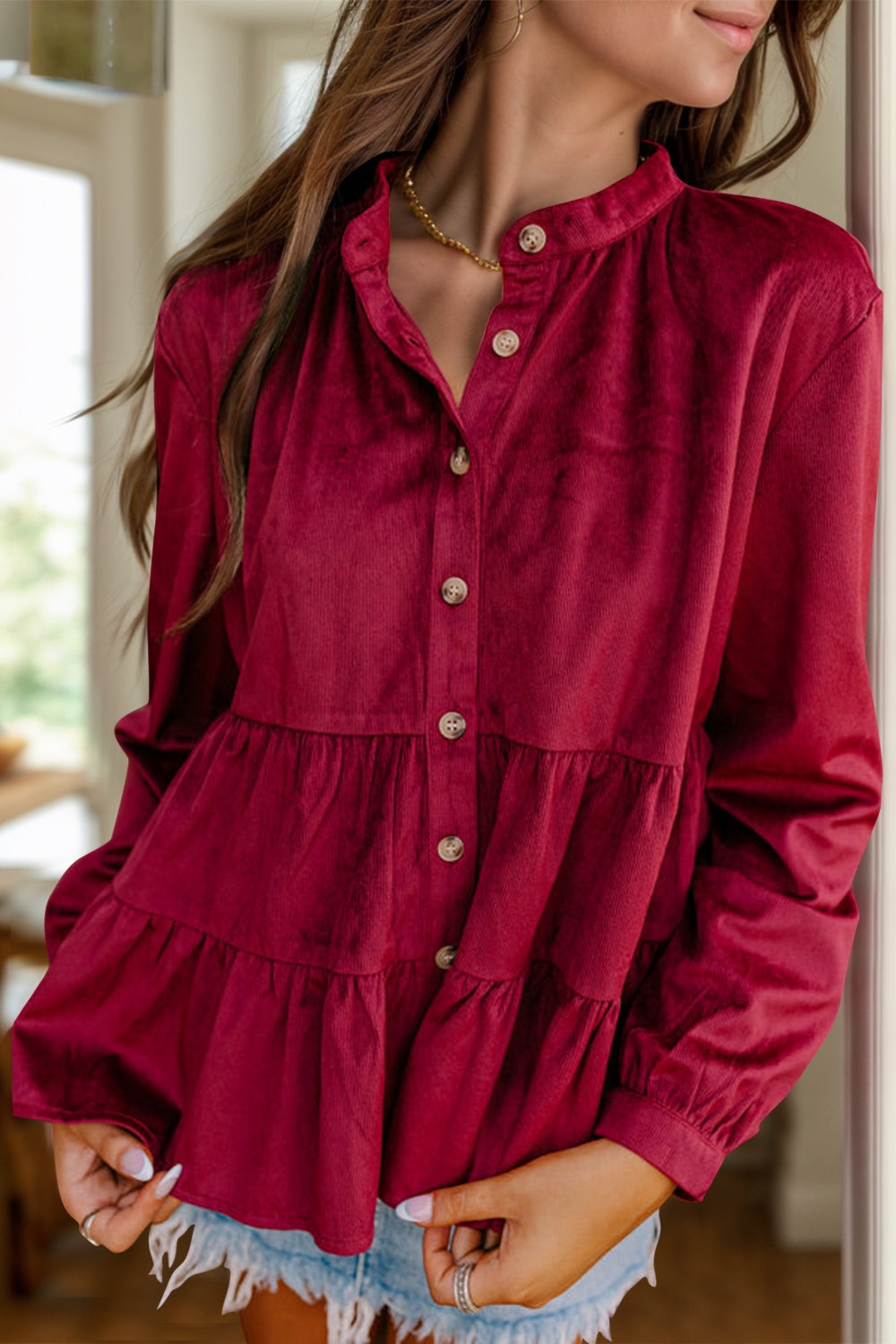 Peplum Round Neck Long Sleeve Shirt - Casual
