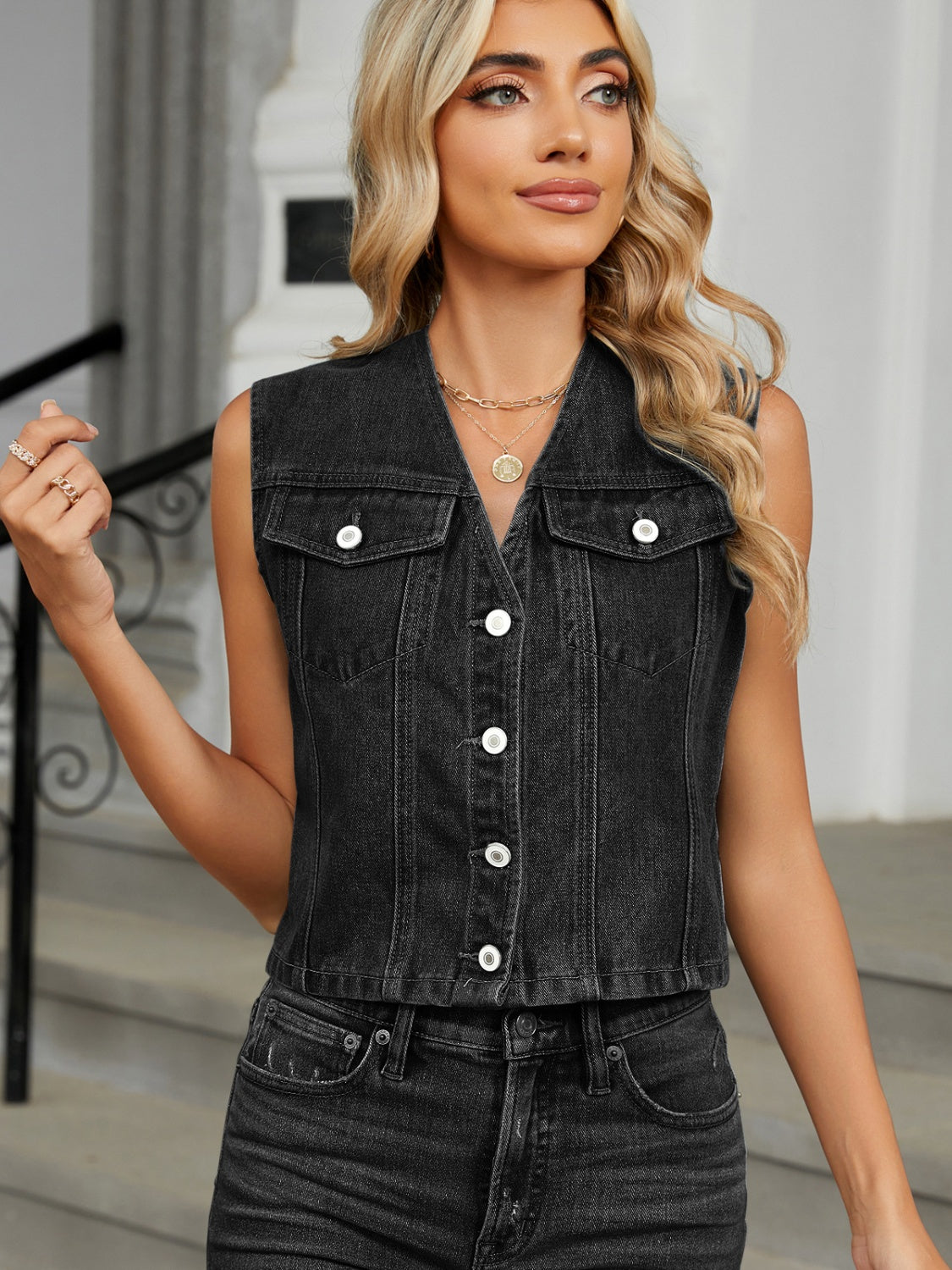 V-Neck Button Down Denim Vest-Casual-Fashion