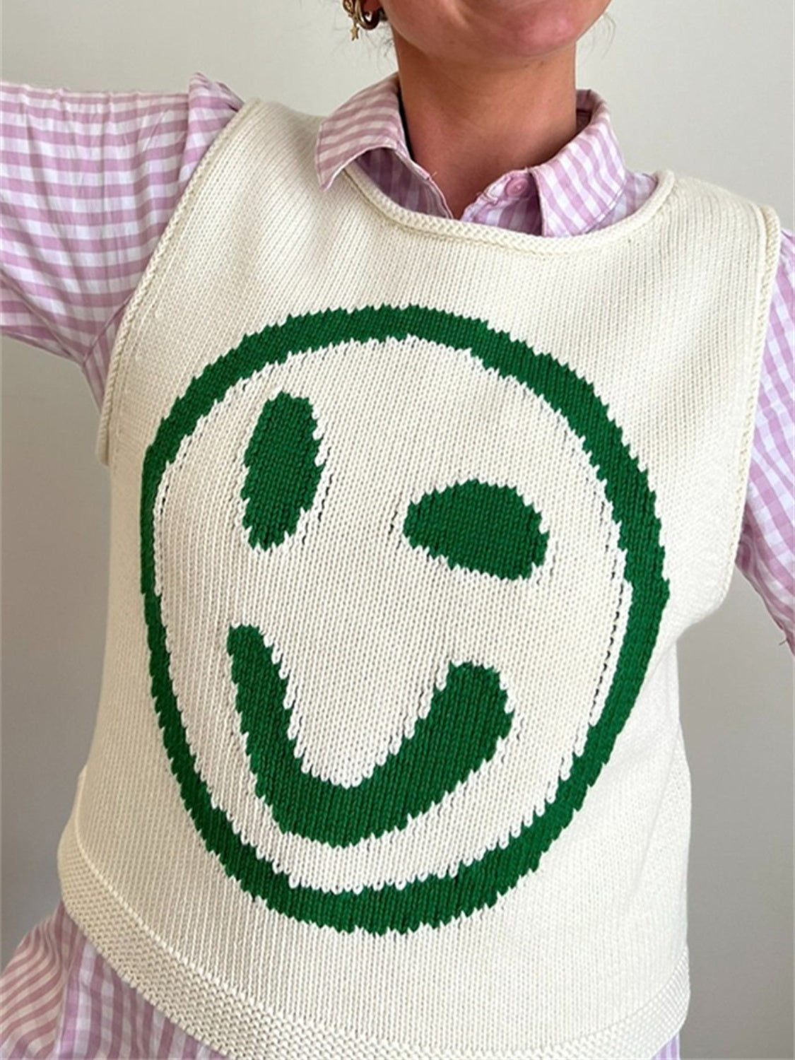 Smiley Round Neck Sweater Vest-Comfortable
