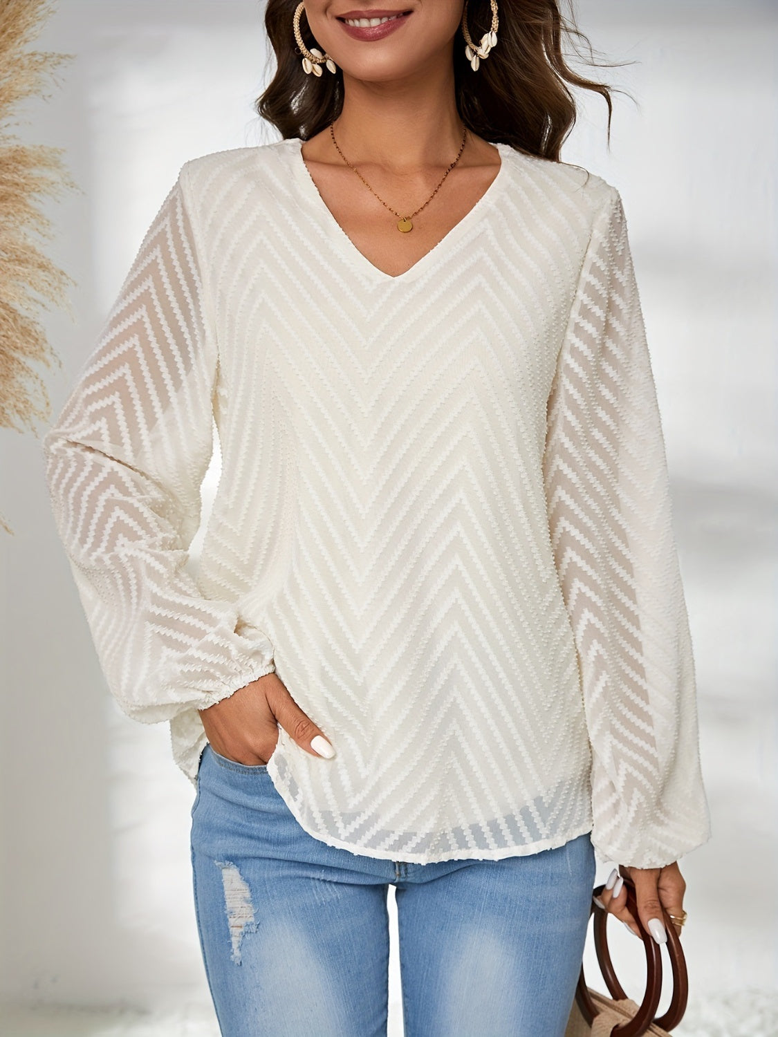 Textured V-Neck Balloon Sleeve Blouse-Stylish