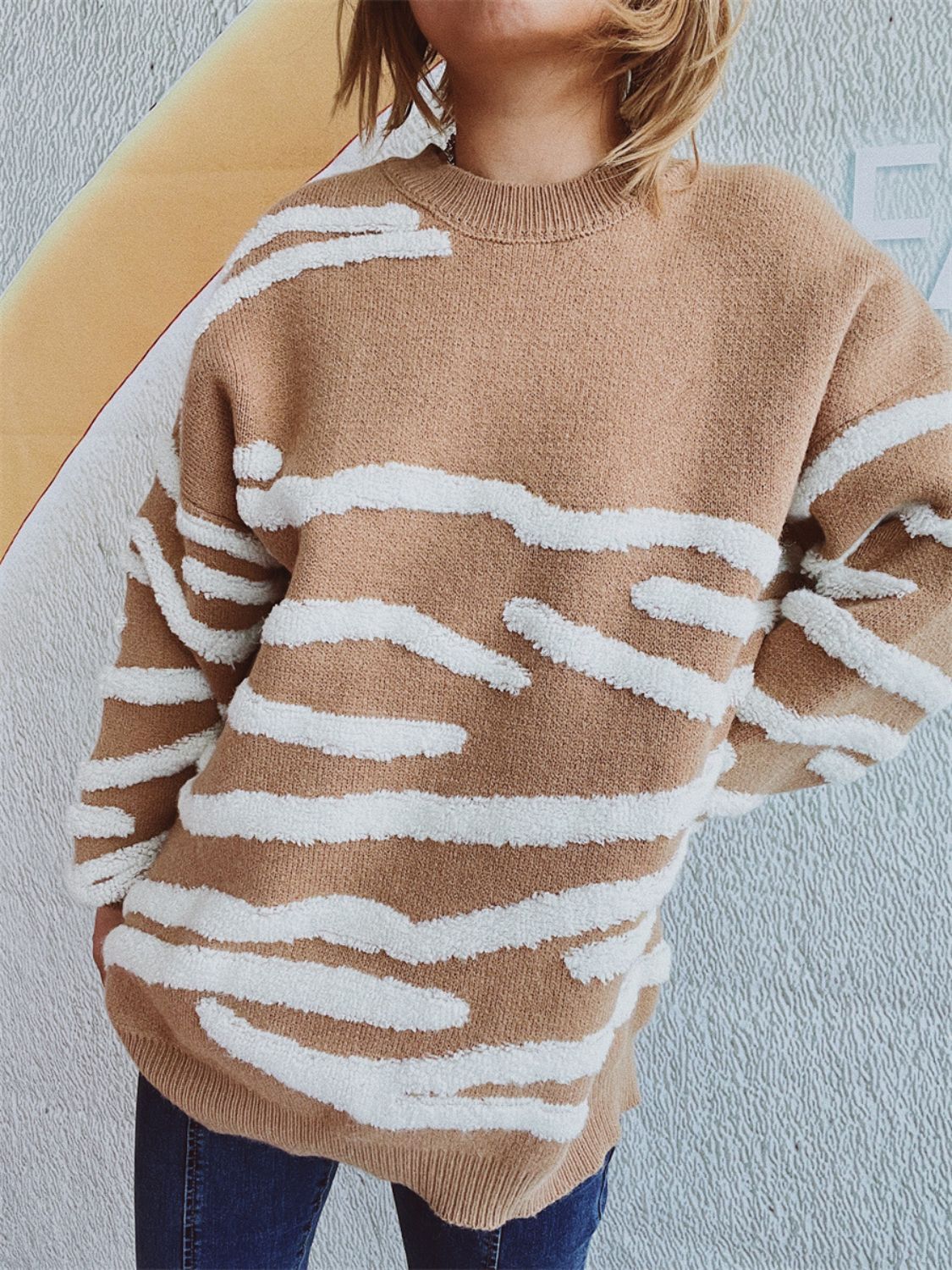 Contrast Round Neck Long Sleeve Sweater Stylish