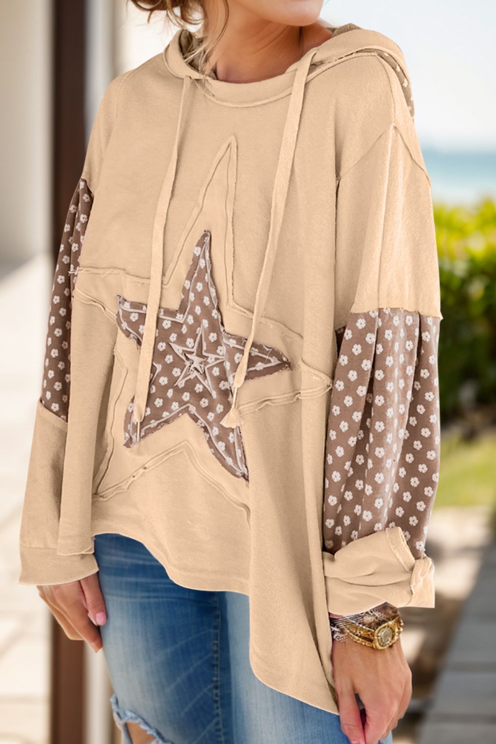 Drawstring Star Long Sleeve Hoodie-Casual
