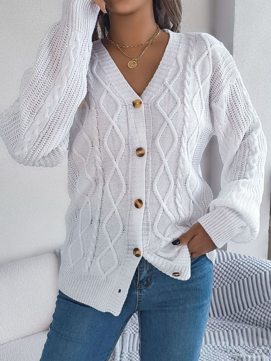Cable-Knit Long Sleeve Cardigan - Stylish