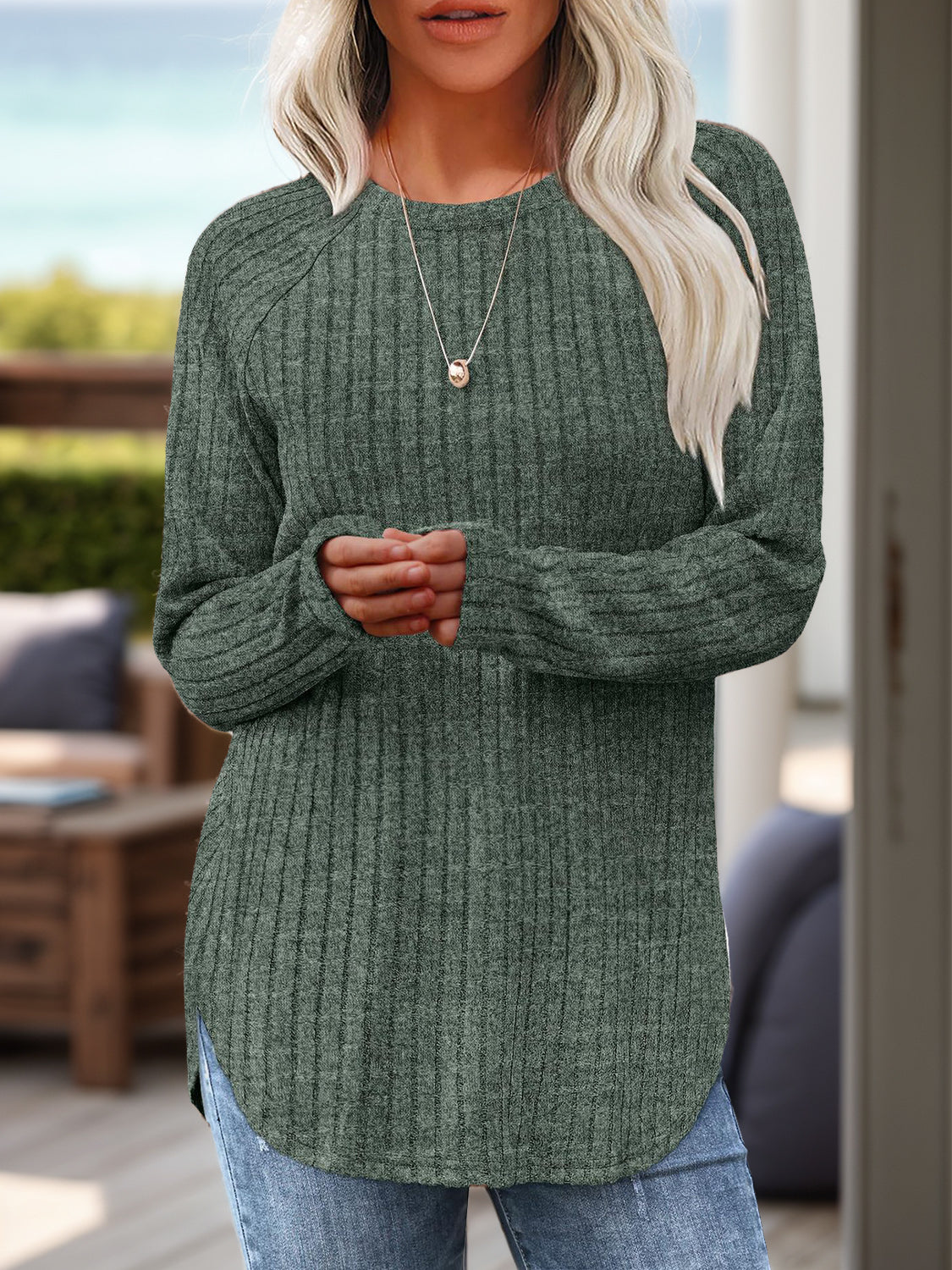 Round Neck Raglan Sleeve T-Shirt-Casual-Fashion