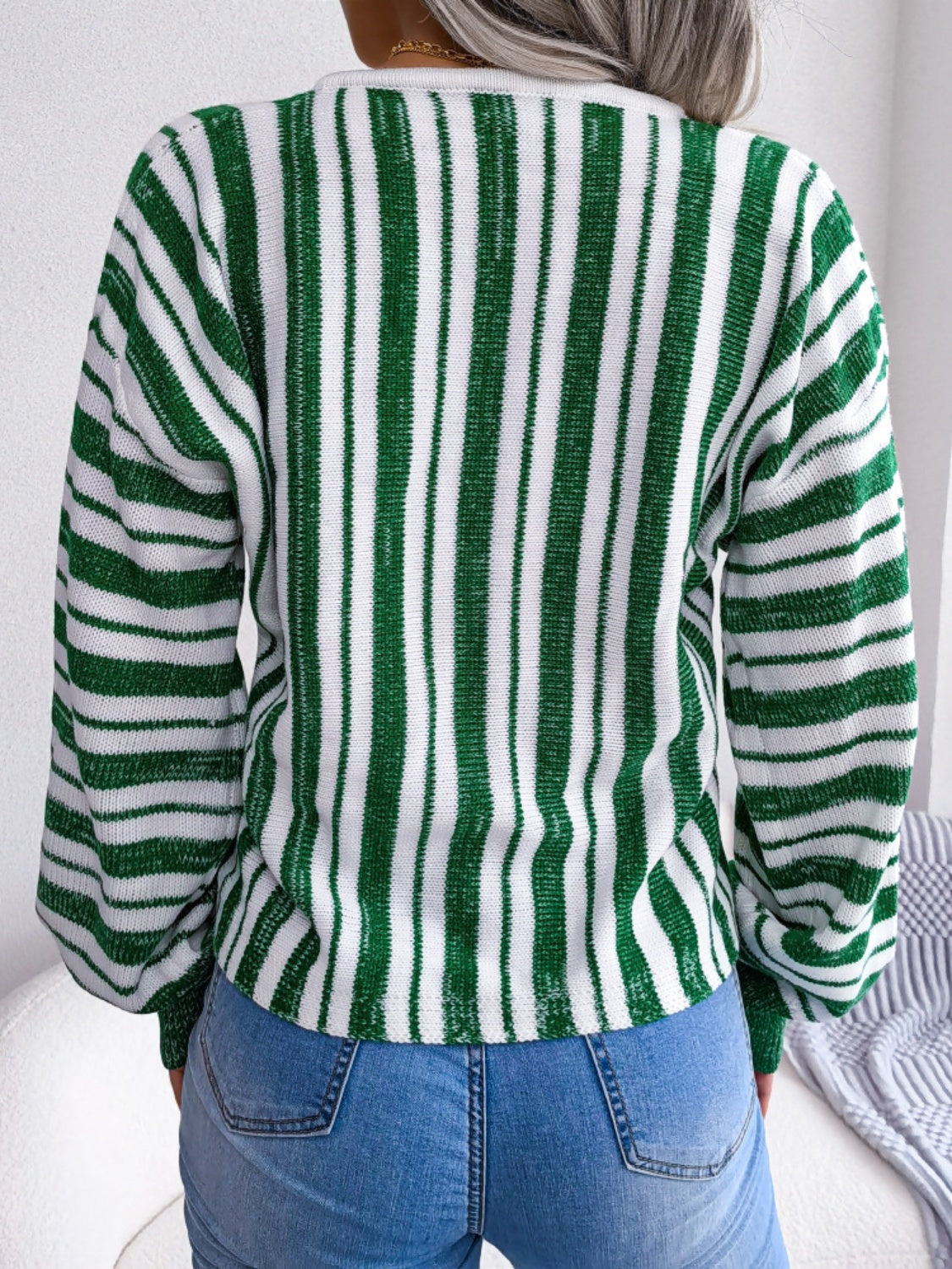 Striped Lace-Up Long Sleeve Sweater-Casual