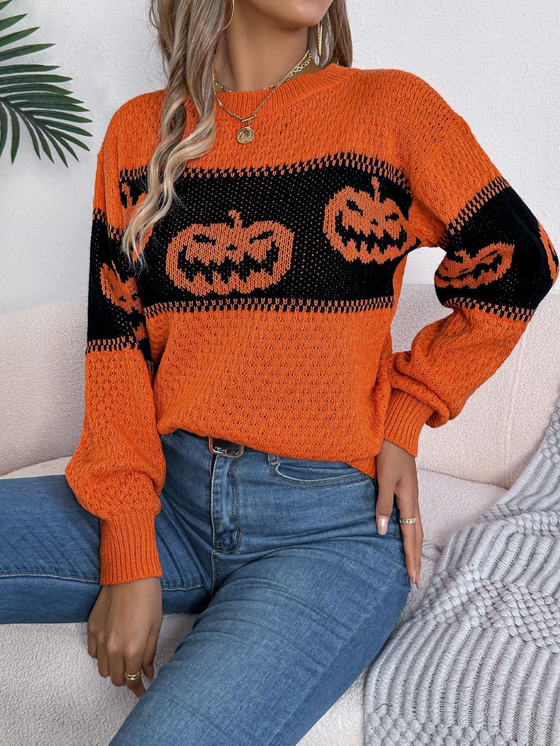 Pumpkin Round Neck- Long Sleeve -  Sweater