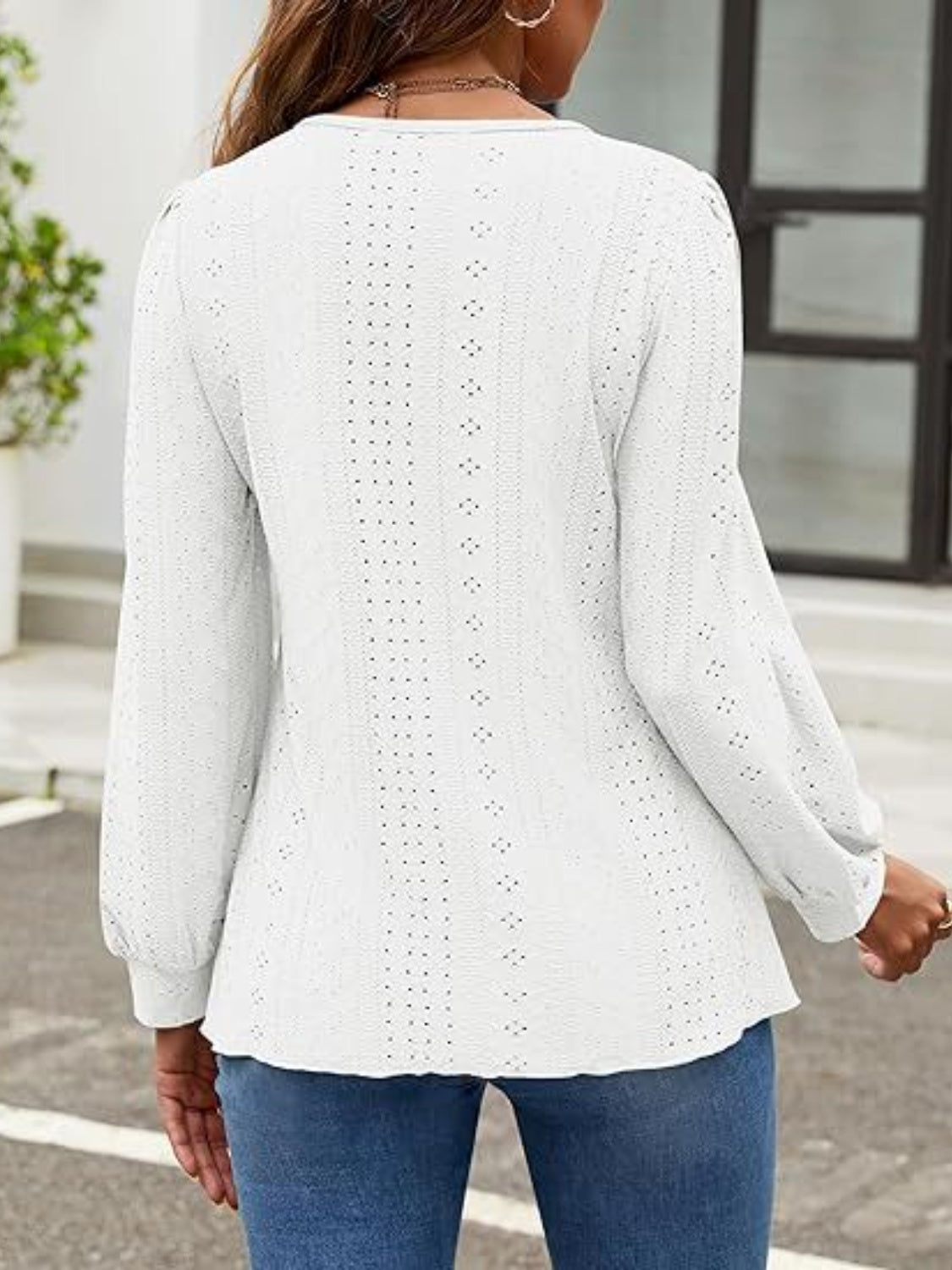 Eyelet Round Neck Long Sleeve Top-Comfortable-Fashion