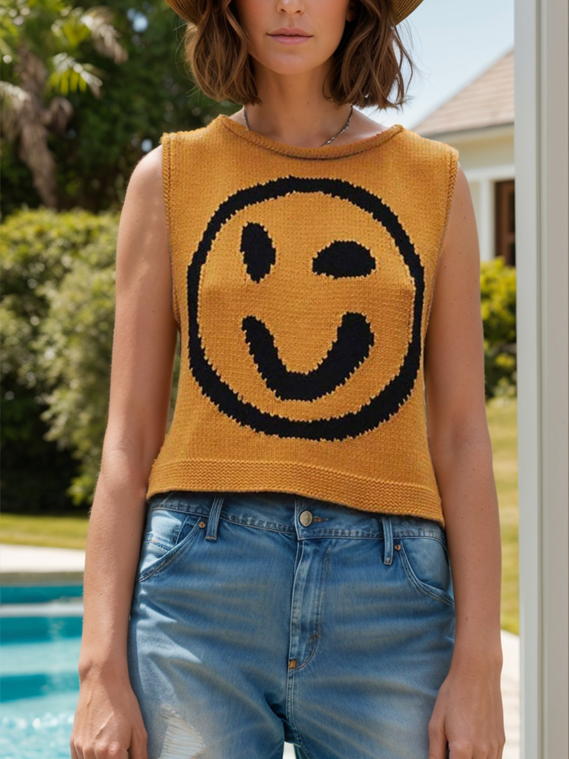 Smiley Round Neck Sweater Vest-Comfortable