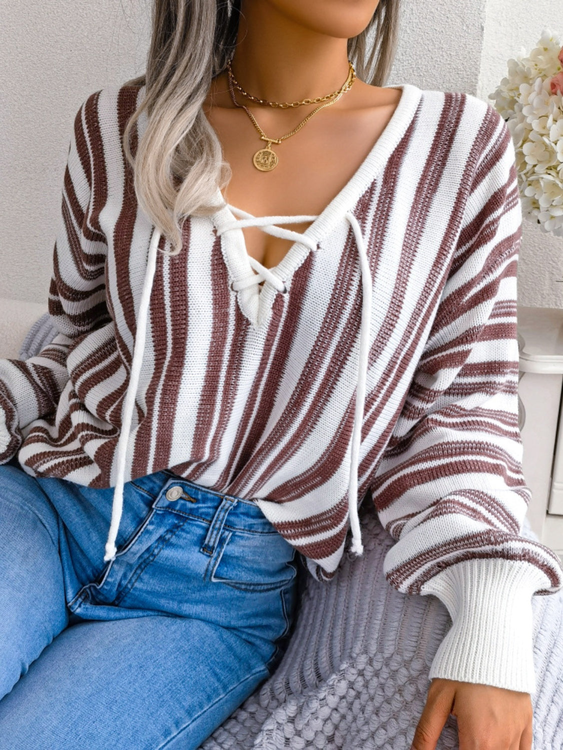 Striped Lace-Up Long Sleeve Sweater-Casual