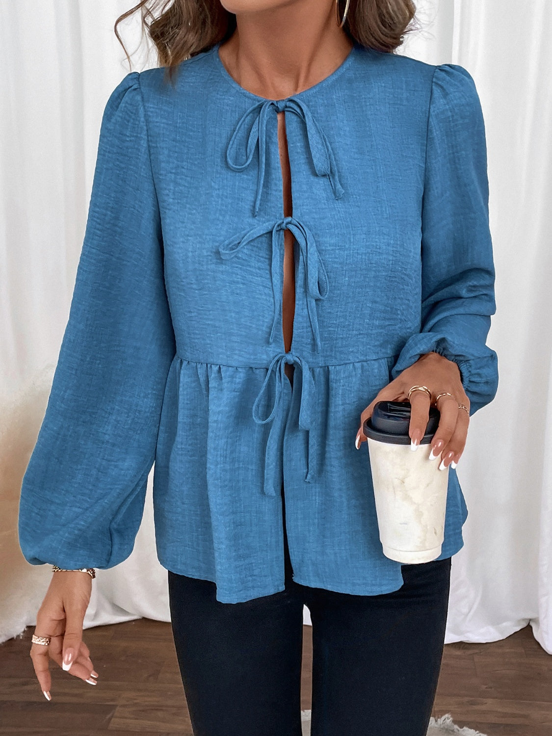 Peplum Tie Neck Balloon Sleeve Blouse-Stylish