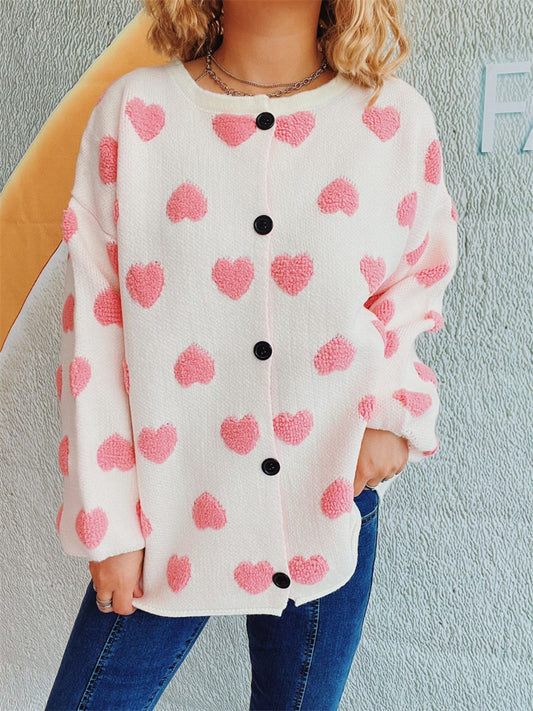 Heart Button Up Long Sleeve Cardigan-Comfortable