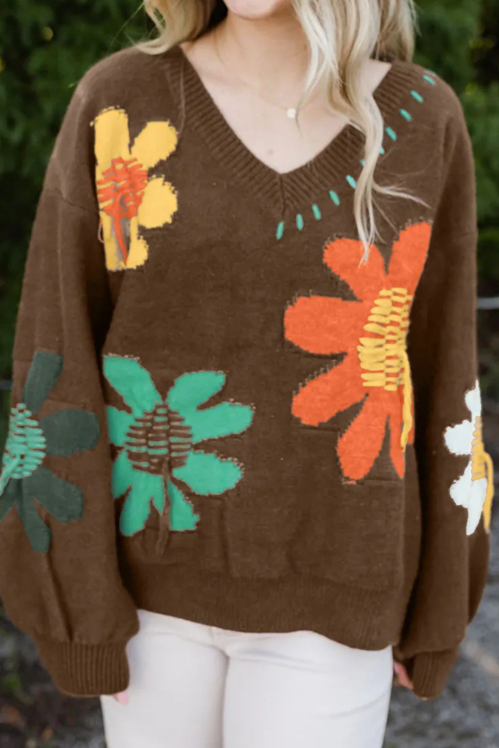 Flower V-Neck Dropped Shoulder Sweater Stylish