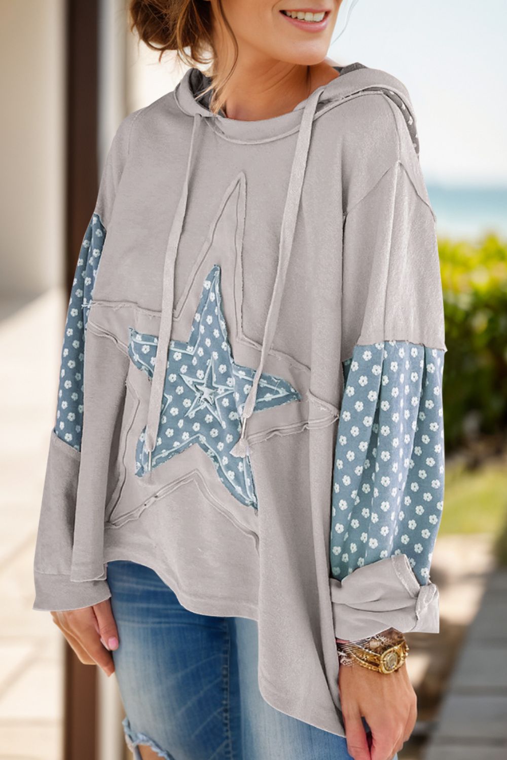 Drawstring Star Long Sleeve Hoodie-Casual