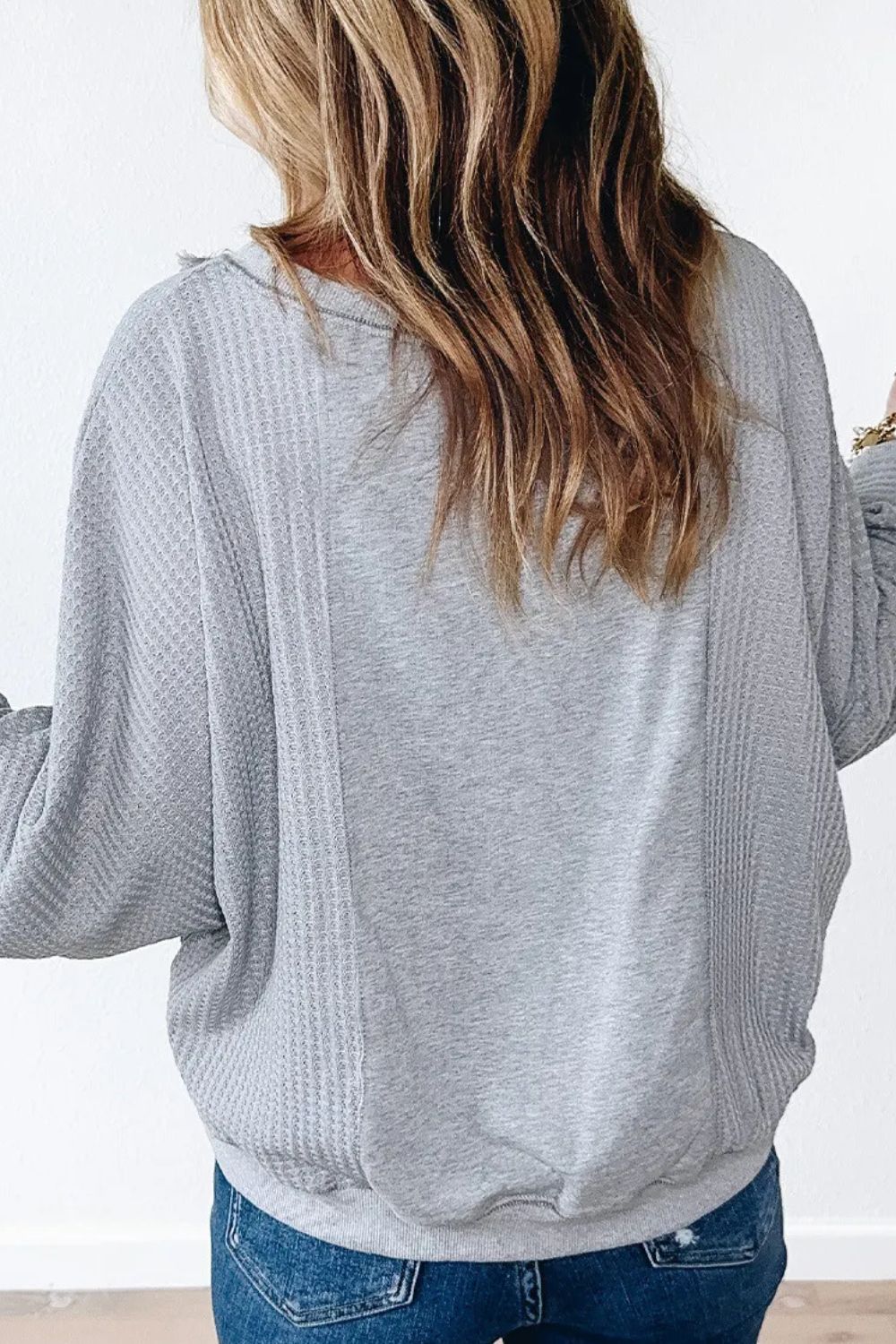 Waffle-Knit Round Neck Long Sleeve Top-Comfy
