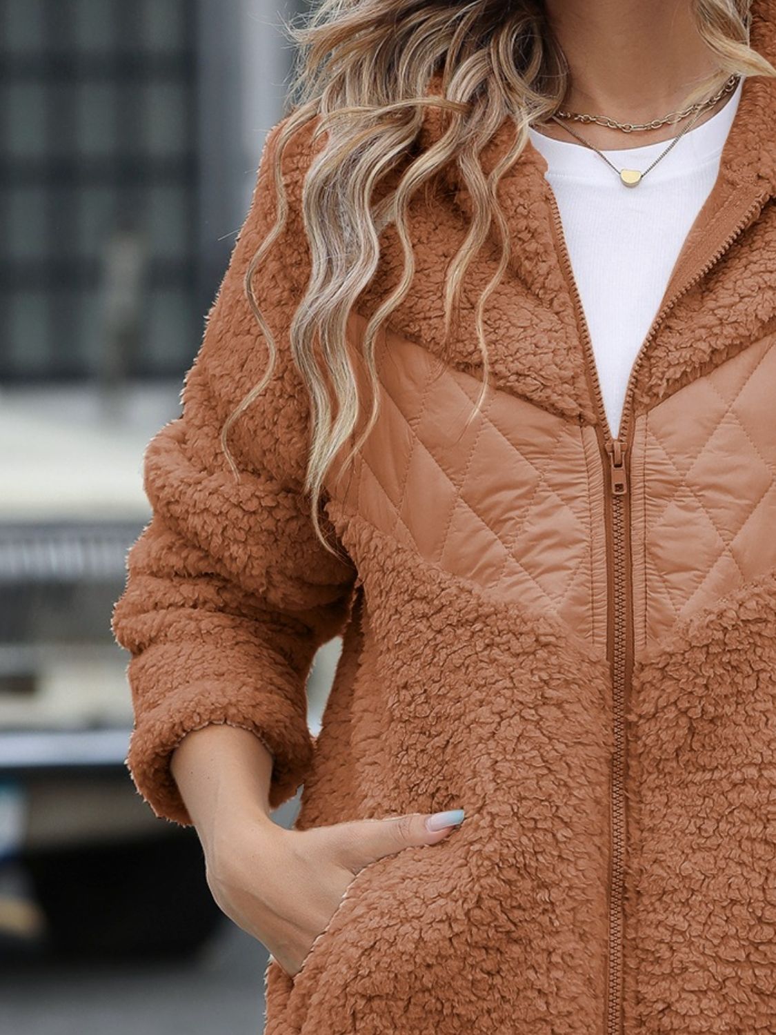 Fuzzy Zip Up Long Sleeve Hooded Jacket-Trendy