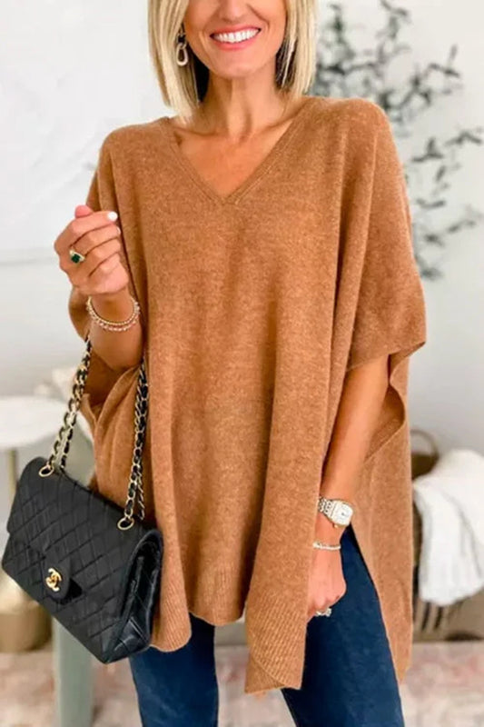 Slit V-Neck Half Sleeve Knit Top-Stylish