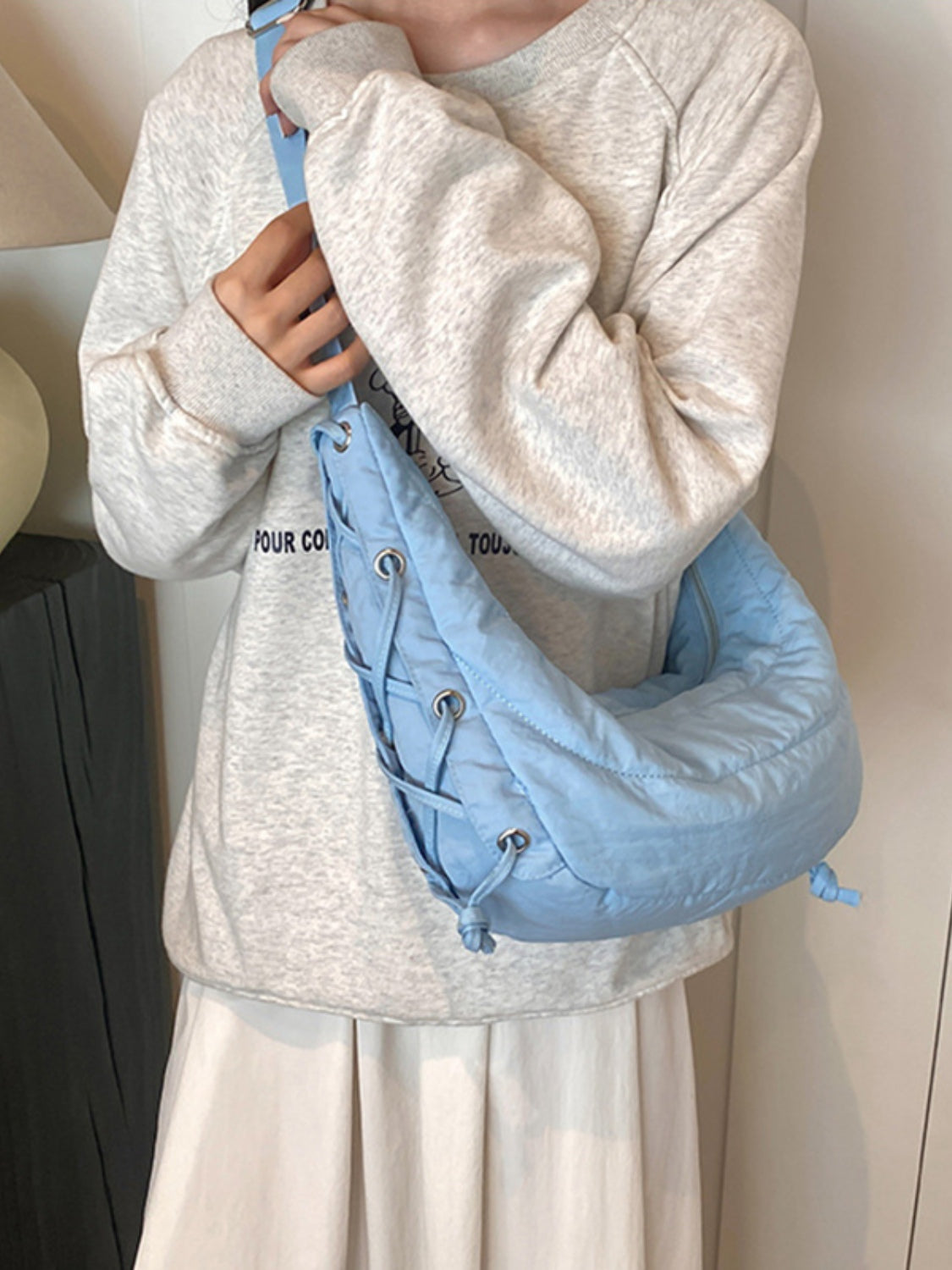 Lace-Up Polyester Crossbody Bag-Adjustable