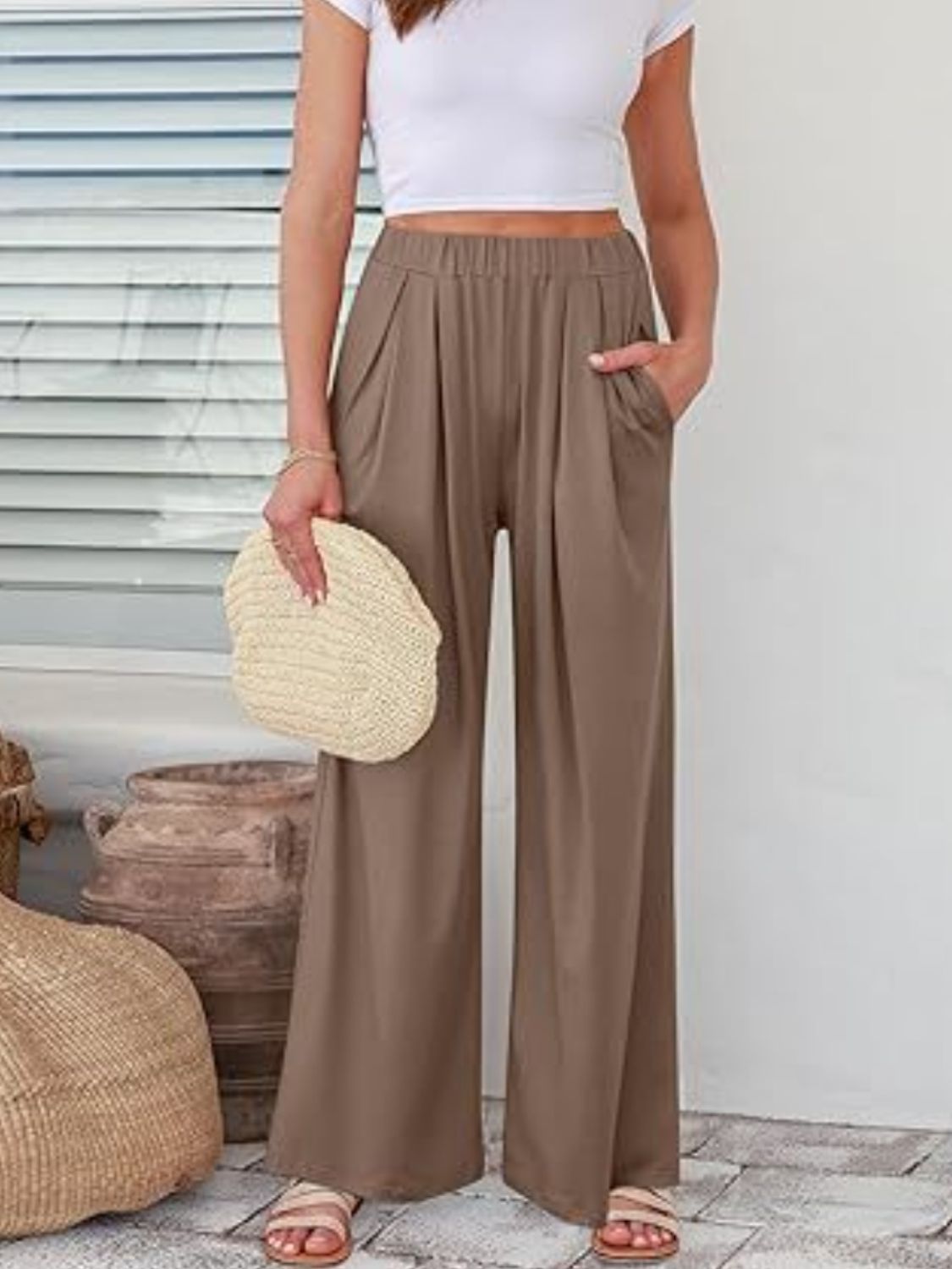 Elastic Waist Wide Leg Pants-Trendy-Fashion