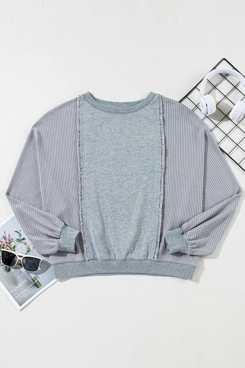 Waffle-Knit Round Neck Long Sleeve Top-Comfy