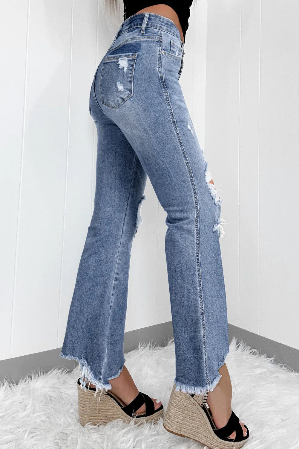Distressed Raw Hem Bootcut Jeans Flared Fashion