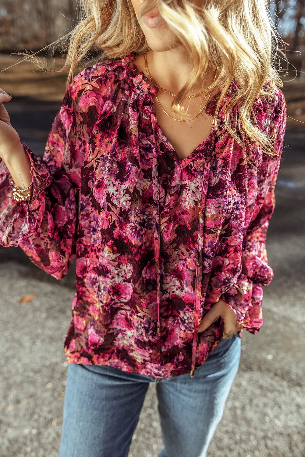 Printed Tie Neck Flounce Sleeve Blouse-Stylish