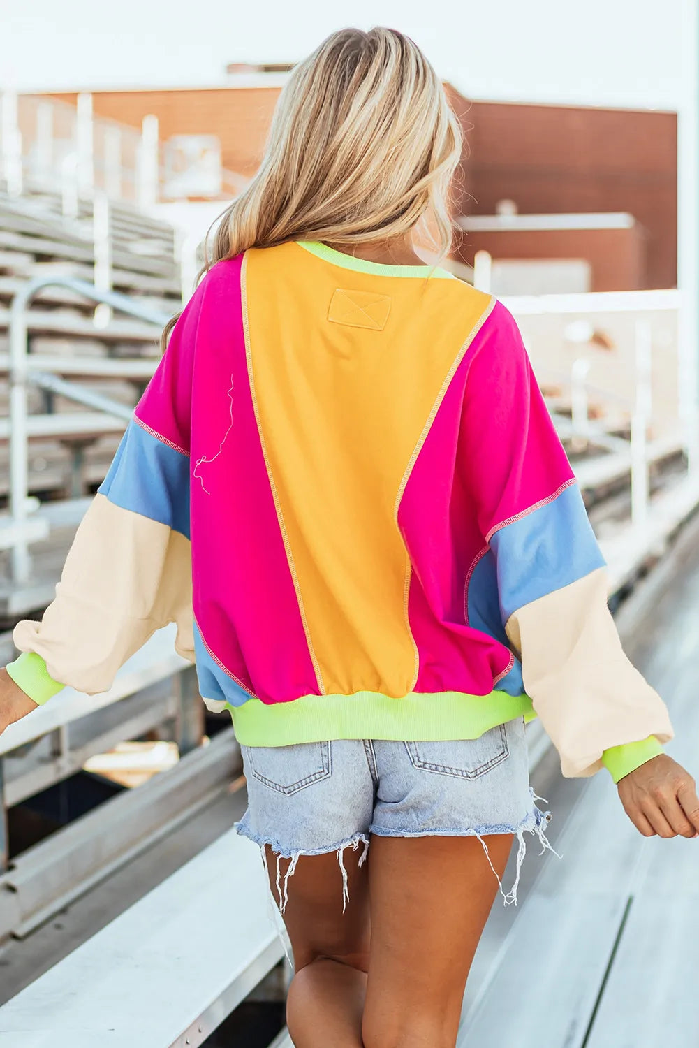 Color Block Round Neck Long Sleeve Top Trendy
