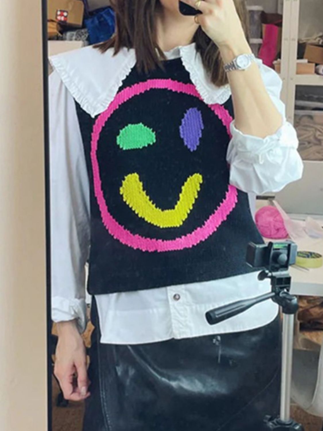 Smiley Round Neck Sweater Vest-Comfortable
