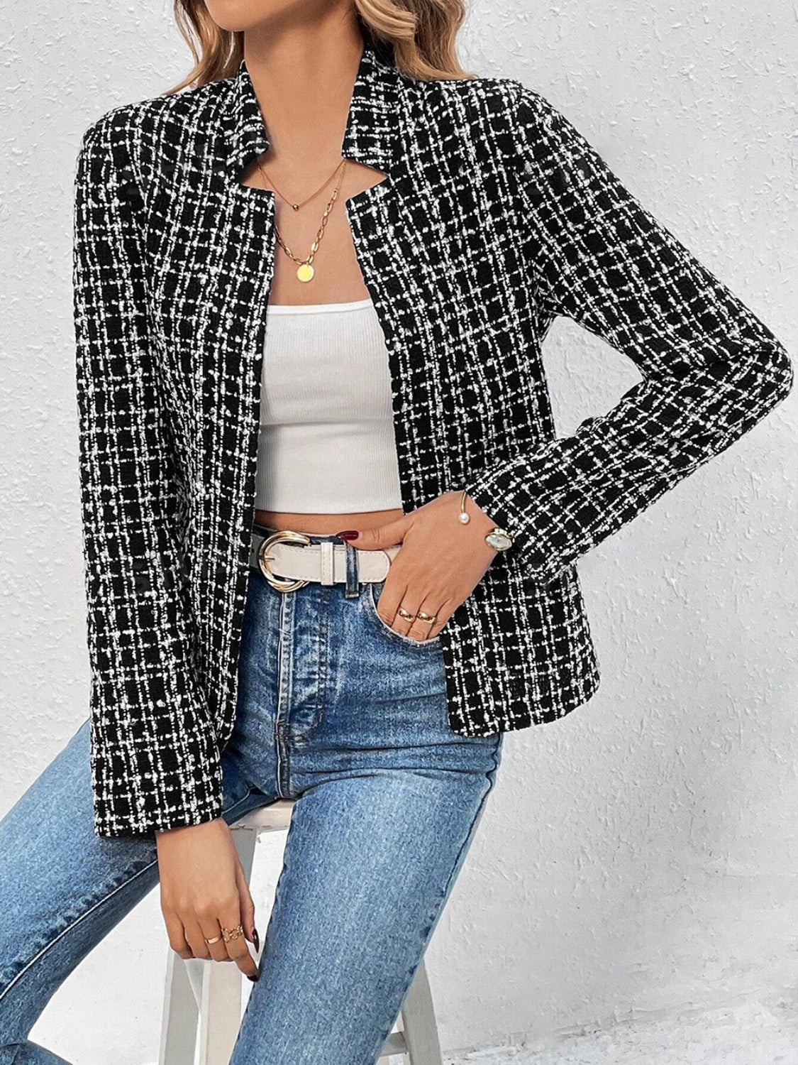 Plaid Open Front Long Sleeve Jacket-Casual-Style