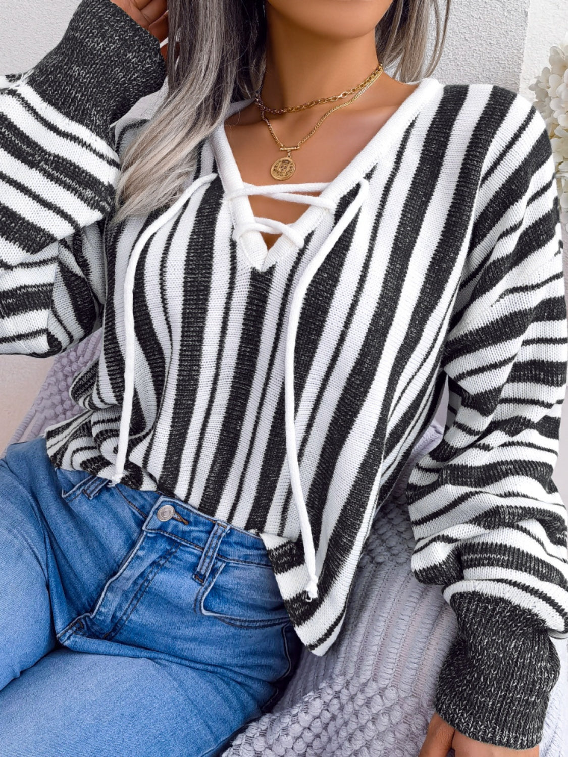 Striped Lace-Up Long Sleeve Sweater-Casual