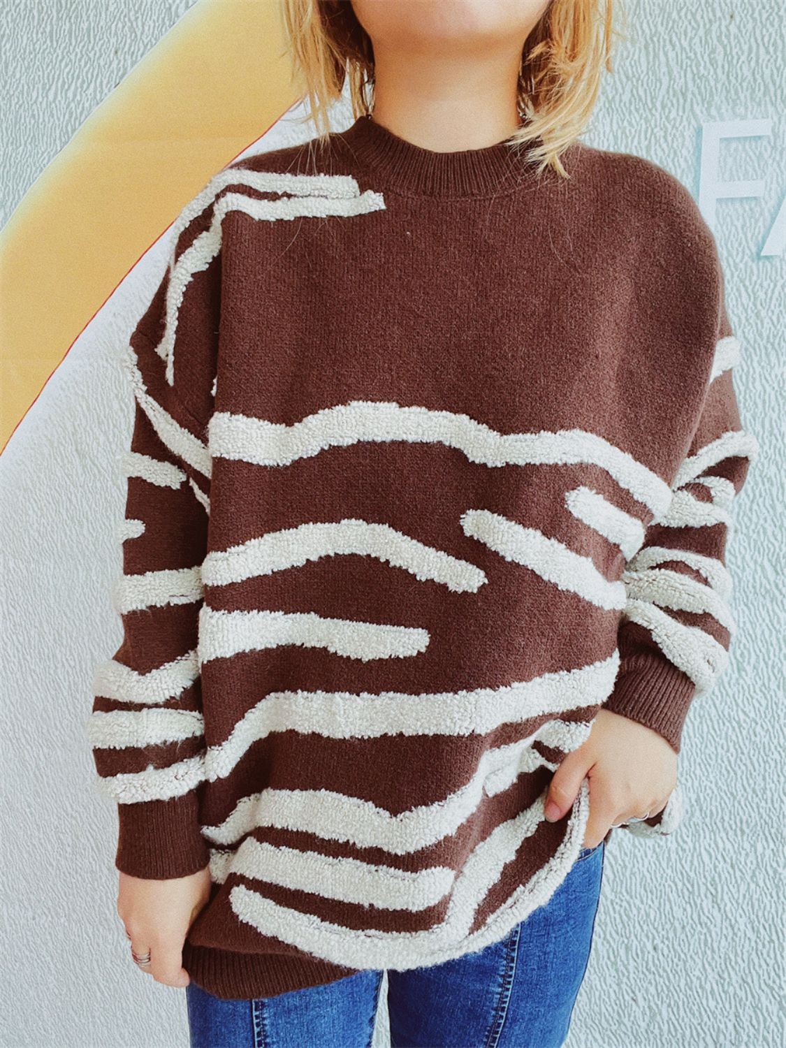 Contrast Round Neck Long Sleeve Sweater Stylish