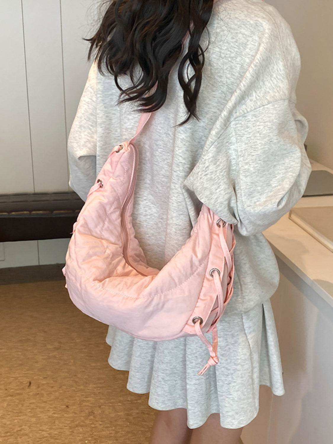 Lace-Up Polyester Crossbody Bag-Adjustable