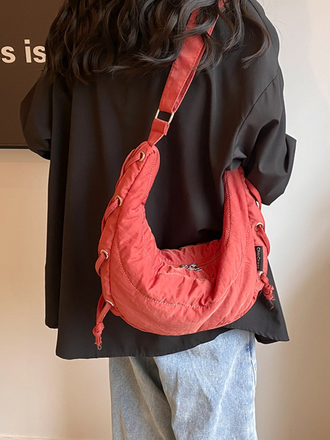 Lace-Up Polyester Crossbody Bag-Adjustable